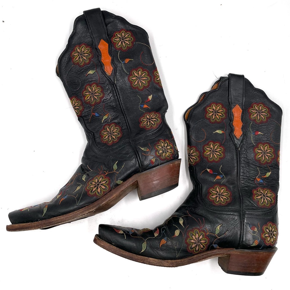 SOLD-Lucchese Western Boots Black Leather Floral Embroidered Block Heel Sz 7 - Picture 6 of 12